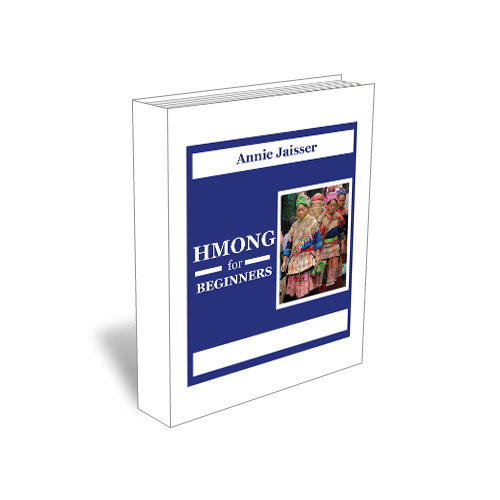 A standing book titled Hmong for Beginners by Annie Jaisser with a photo of people in traditional clothing on the cover.