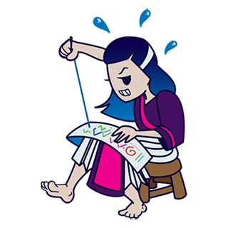 cartoon hmong girl working hard doing paj ntaub, or hmong hand embroidery. She is sitting on a wooden stool