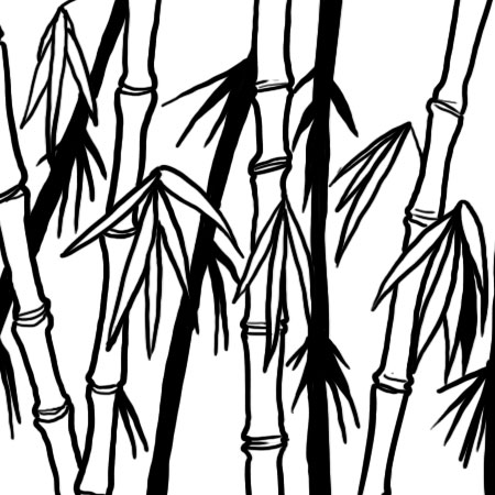 Black-and-white illustration of bamboo stalks with long narrow leaves overlapping across the frame.