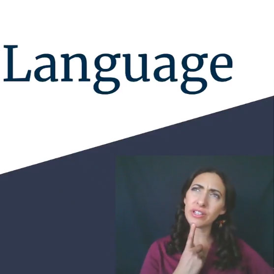 The word Language appears at the top, and a woman in a magenta top looks upward with a thoughtful expression and a finger resting on her chin.
