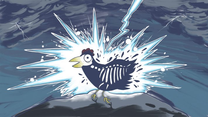 Xob tua qaib tuag. Lighting strikes the chicken dead.