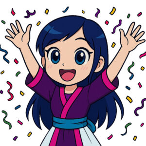 Smiling anime-style girl with blue hair and raised hands surrounded by colorful confetti.