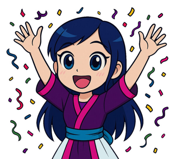 Smiling anime-style girl with blue hair and raised hands surrounded by colorful confetti.