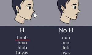 Educational chart showing two side-view heads comparing H and no H in Hmong pronunciation, with a puff of air shown coming from the nose for the H example and example words listed below each side.