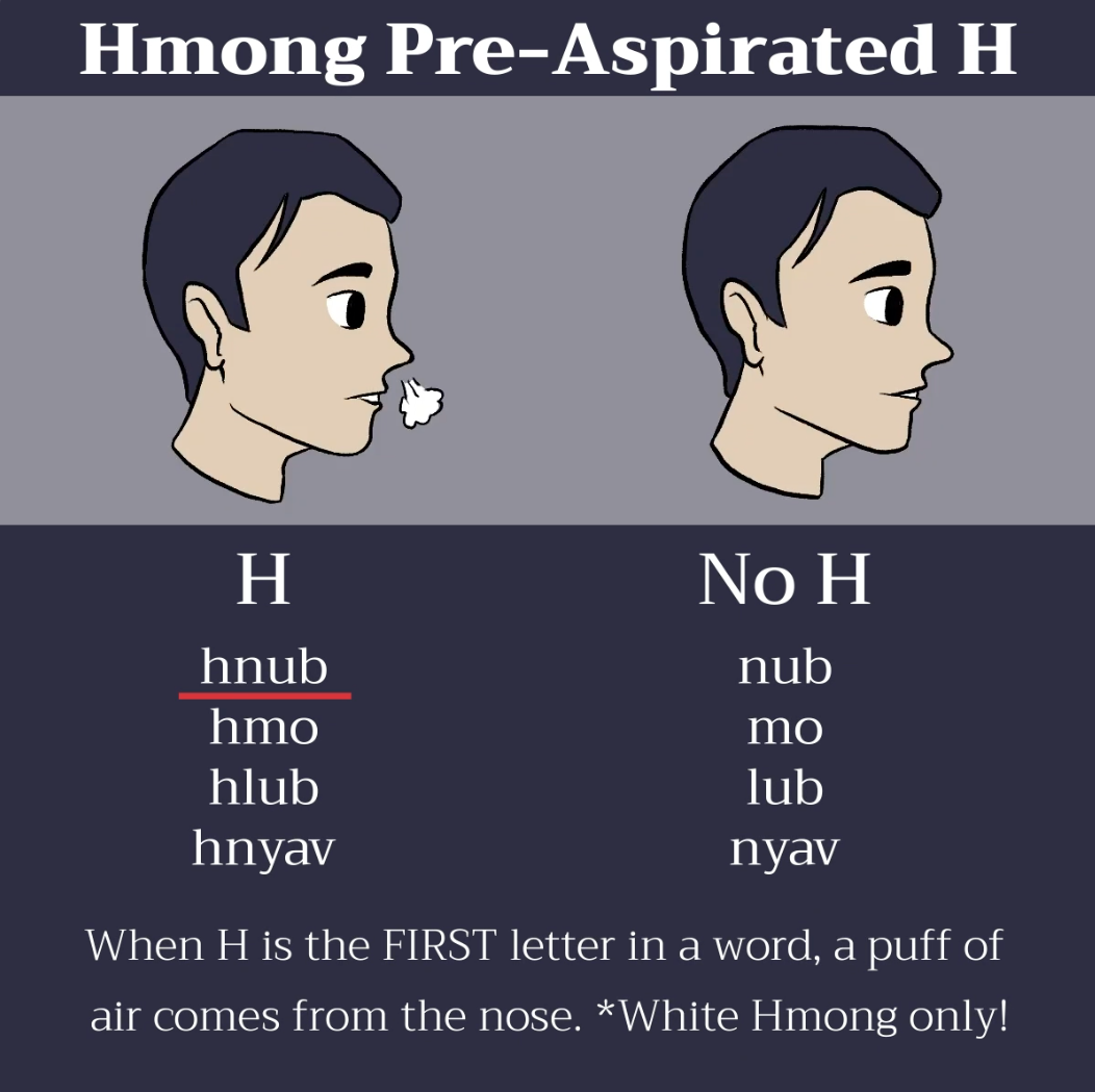 Educational chart showing two side-view heads comparing H and no H in Hmong pronunciation, with a puff of air shown coming from the nose for the H example and example words listed below each side.