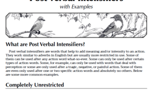 Worksheet titled Post Verbal Intensifiers with Examples, with illustrated birds at the top and explanatory text about how the words are used after verbs.