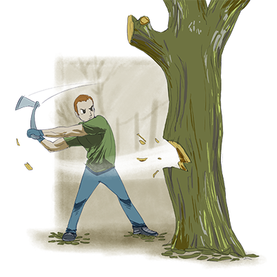A man swings an axe at a large tree trunk, sending wood chips flying.