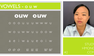 Educational chart labeled vowels o, u, and w with rows of practice letters, alongside a portrait of a woman on a gray background and a green panel reading Study Hmong.com #2.