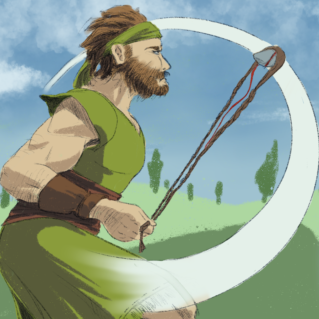 Bearded archer in green clothing drawing a bow outdoors beneath a blue sky.