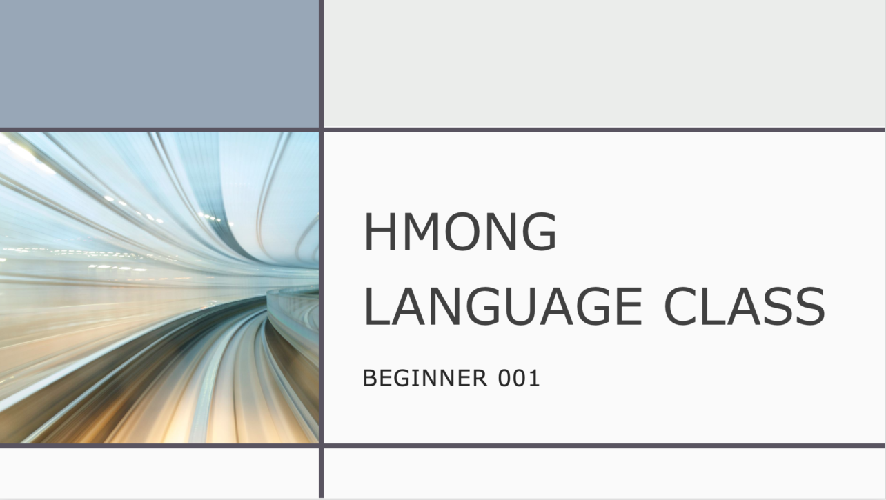Title slide reading Hmong Language Class with Beginner 001 beside a blurred abstract curved tunnel graphic.