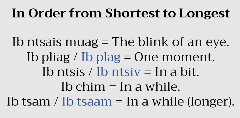 Text chart listing phrases from shortest to longest: the blink of an eye, one moment, in a bit, in a while, and in a while longer.