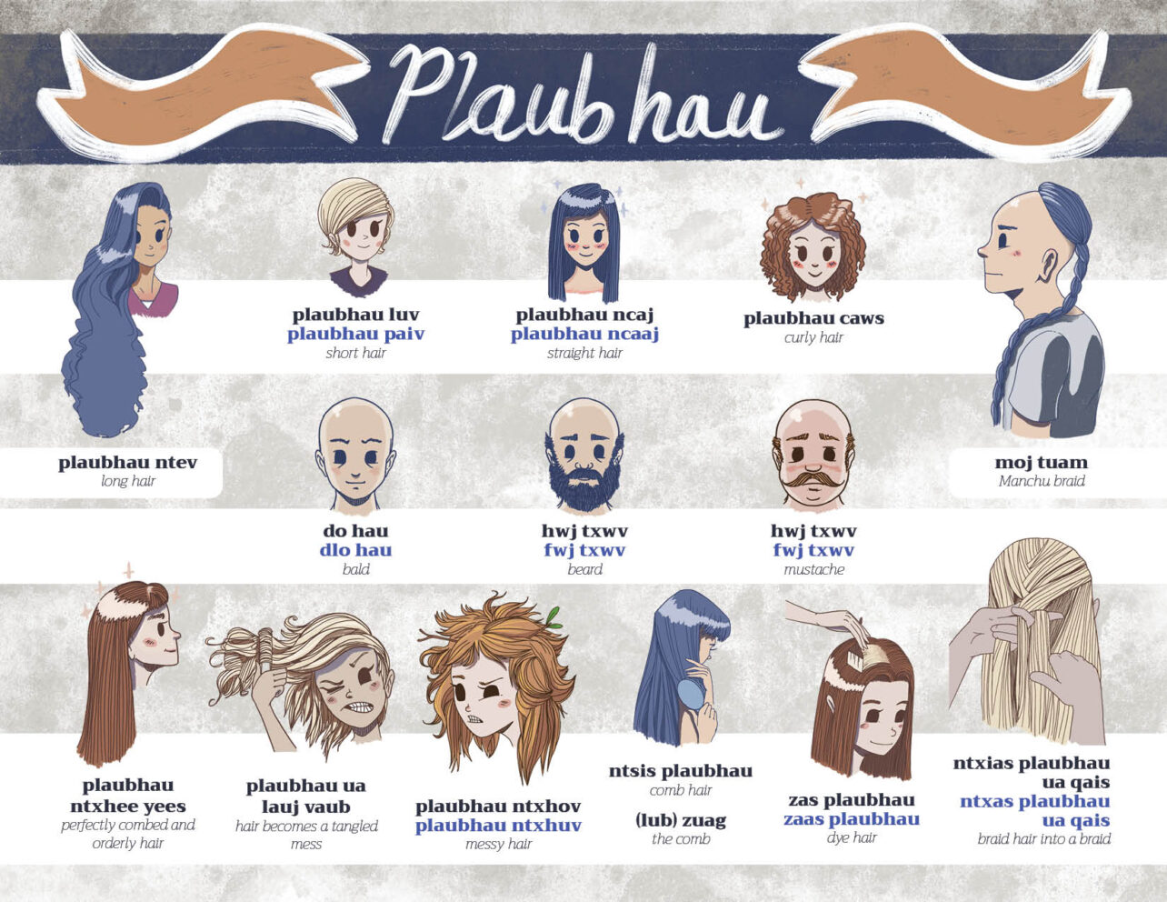Illustrated chart showing Hmong words for different hairstyles and hair conditions, including long hair, short hair, straight hair, curly hair, bald, beard, mustache, combing, dyeing, and braiding.
