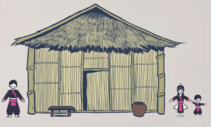 A simple drawing of a bamboo hut with a thatched roof, a bench in front, and three small people standing beside it.