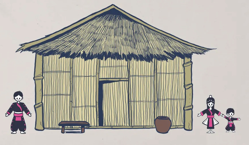 A simple drawing of a bamboo hut with a thatched roof, a bench in front, and three small people standing beside it.