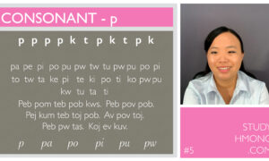 Educational chart labeled consonant p with rows of letter combinations and sample words, alongside a portrait of a smiling woman. A pink panel at the bottom right reads StudyHmong.com and #5.
