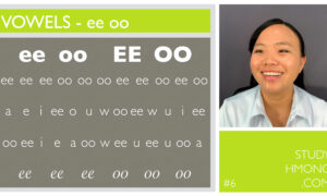 A vowel practice chart showing combinations of ee and oo alongside a portrait of a smiling woman, with the text Study Hmong.com and #6.