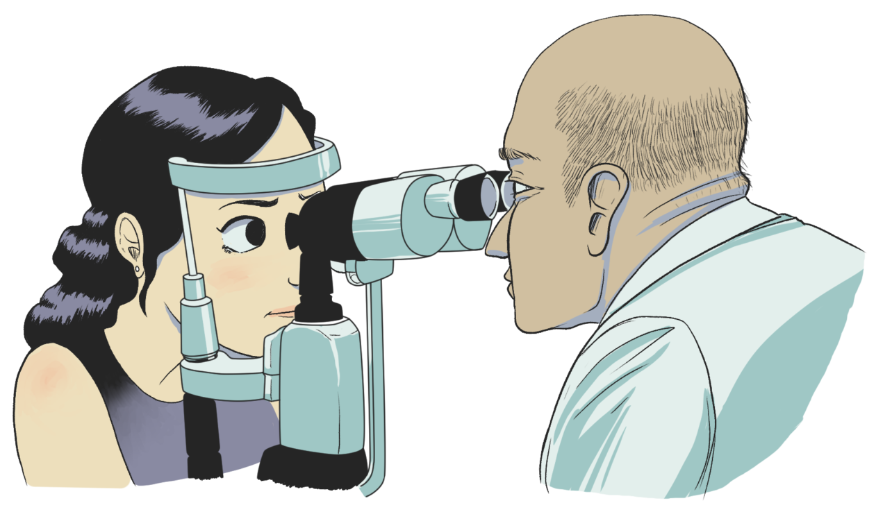 An eye doctor examines a woman using a slit lamp while she rests her chin and forehead on the equipment.