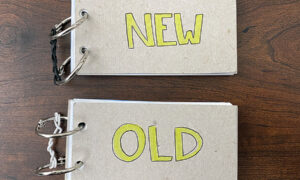 Photo of the finished flash card books: old and new.