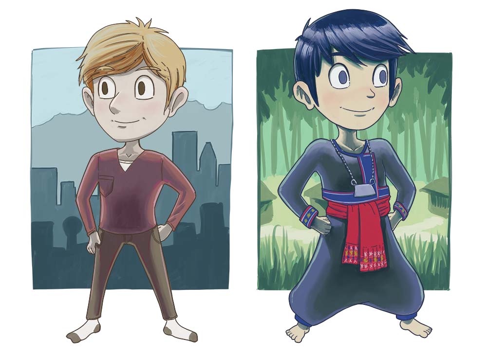 Two stylized cartoon characters standing with hands on hips, one in front of a city skyline and the other in front of a green forest background.
