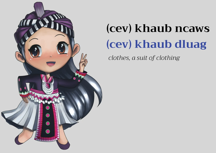 Cartoon girl wearing Hmong traditional clothing and making a peace sign, with bilingual text about clothing on the right.