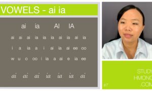 A vowel chart showing combinations of ai and ia alongside other vowel pairs, with a portrait of a woman on the right and StudyHmong.com branding.