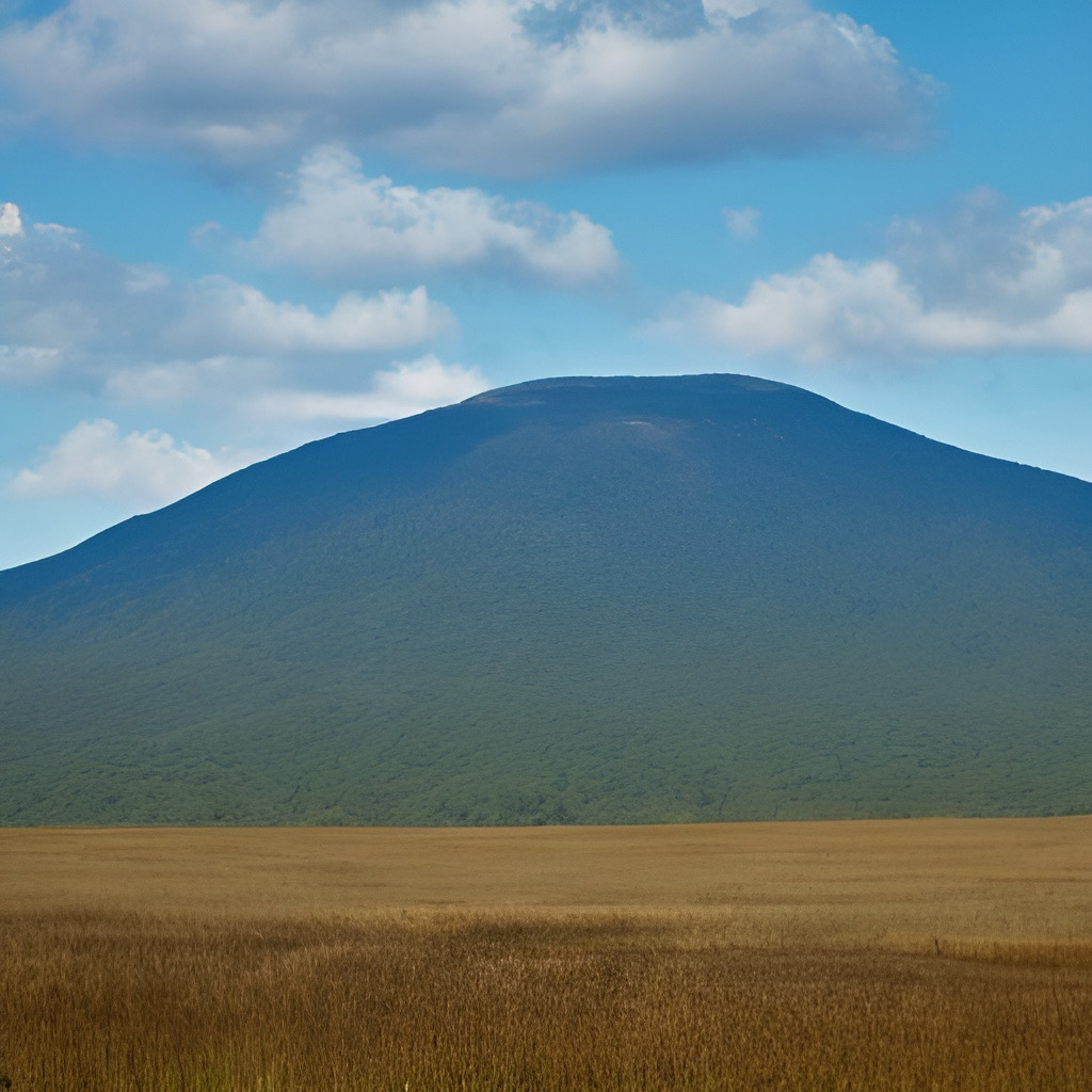 A broad green mountain rises above a dry grassland under a blue sky with scattered clouds.