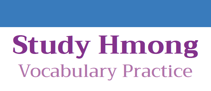Text reading "Study Hmong Vocabulary Practice" in purple and pink on a white background with a blue banner across the top.