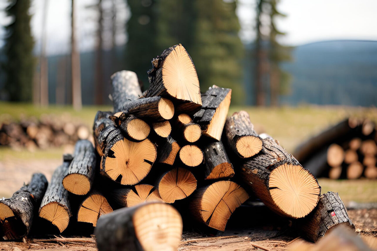 stacked firewood out in a field in the woods
