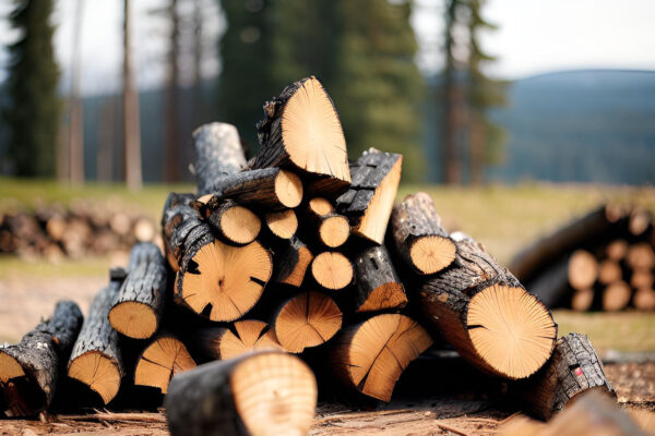 stacked firewood out in a field in the woods