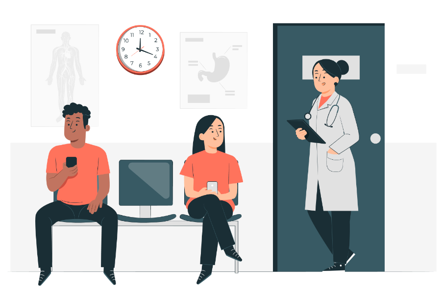 Two patients sit in a waiting room holding phones while a doctor in a white coat stands in a doorway with a clipboard, with medical charts and a clock on the wall.