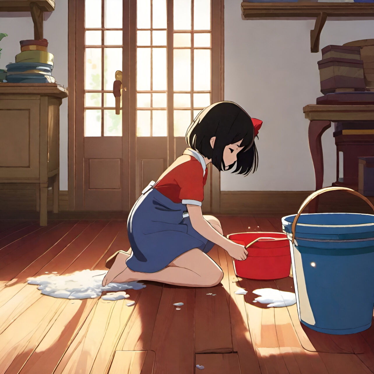 ib tug ntxhais siv tshuaj txhuam los txhuam plag tsev. - A young girl uses soap to scrub the floor.