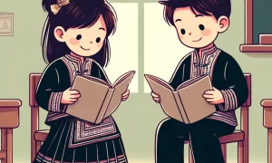 A girl and boy in traditional clothing sit and stand in a classroom while reading open books.
