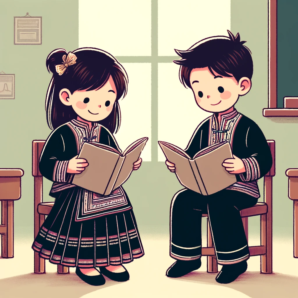A girl and boy in traditional clothing sit and stand in a classroom while reading open books.