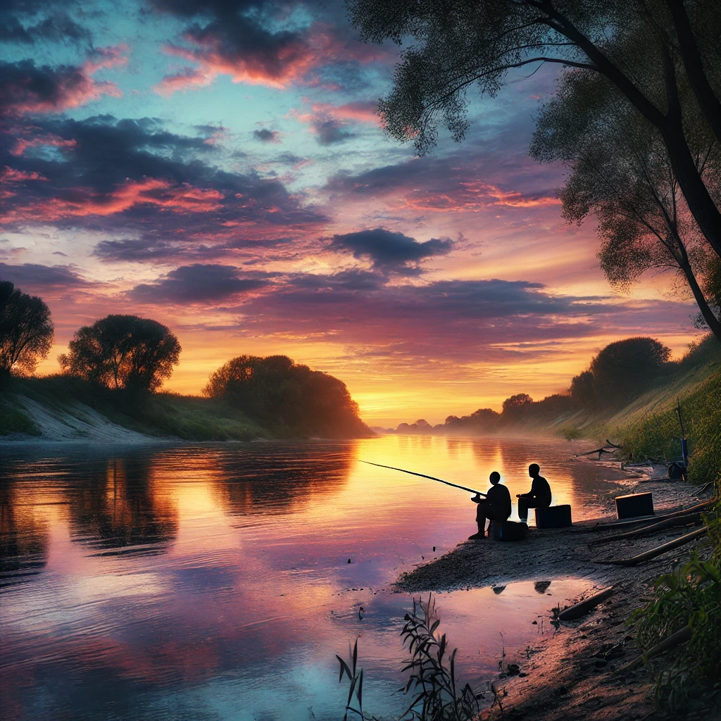 Two people fishing from the riverbank at sunset, with calm water reflecting a colorful pink, purple, and gold sky.