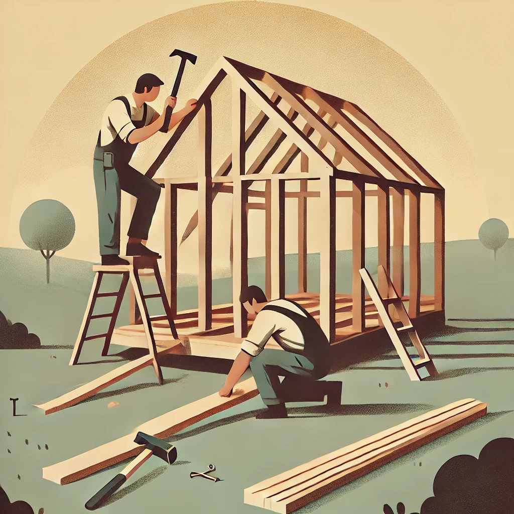 Two workers framing a house with wooden beams, ladders, and tools at a construction site.