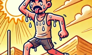A sweaty exhausted runner trudges through a scorching desert under a blazing sun, wiping his forehead with one hand.