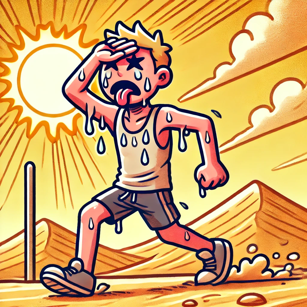 A sweaty exhausted runner trudges through a scorching desert under a blazing sun, wiping his forehead with one hand.