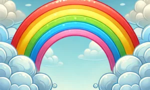 Colorful rainbow arching across a blue sky with fluffy clouds and green grass below.