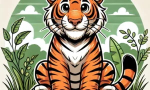 Smiling cartoon tiger sitting in grass with green plants and clouds in the background