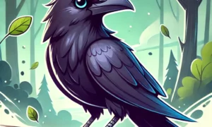 Stylized black raven perched on a branch in a bright forest with floating leaves.
