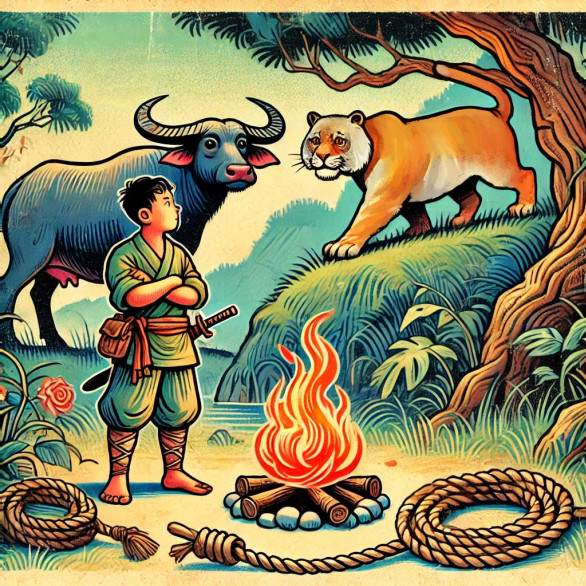 A young boy stands near a campfire with a buffalo behind him and a tiger approaching from a grassy hillside.