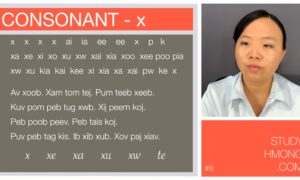 Educational slide about the Hmong consonant x, with sample syllables and words on the left and a portrait of a woman on the right.