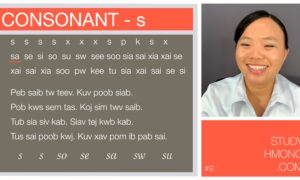 Educational poster about the Hmong consonant s, with letter combinations, example words, and a smiling woman’s portrait on the right.