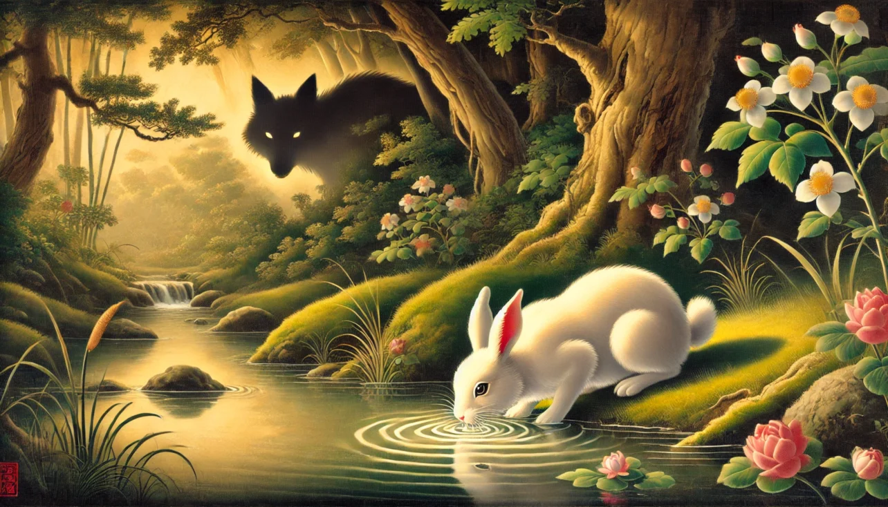 White rabbit crouching at the edge of a forest stream, drinking from the water while a dark wolf-like figure watches from the trees and flowers bloom nearby.