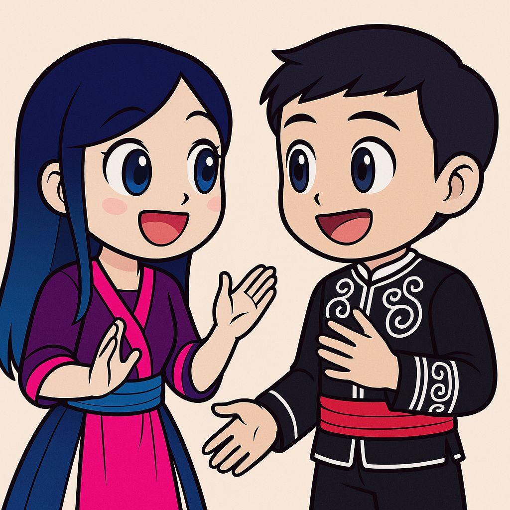 Smiling cartoon boy and girl facing each other and gesturing with their hands in conversation.
