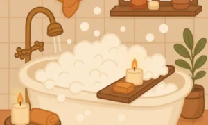 A freestanding bathtub filled with bubbles and a lit candle in a warm-toned bathroom with plants, a towel, and a window ledge display.