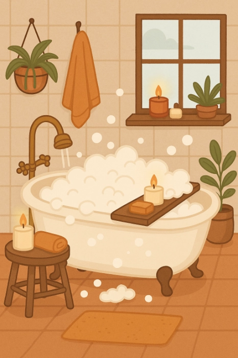 A freestanding bathtub filled with bubbles and a lit candle in a warm-toned bathroom with plants, a towel, and a window ledge display.