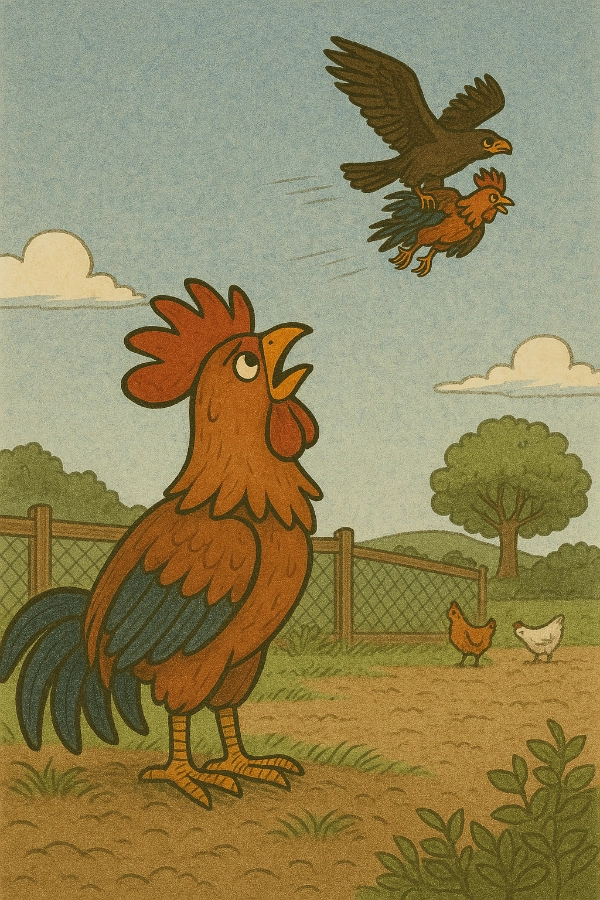 A large rooster stands in a farmyard and looks up at two birds flying overhead, with a fence, trees, clouds, and two smaller chickens in the background.