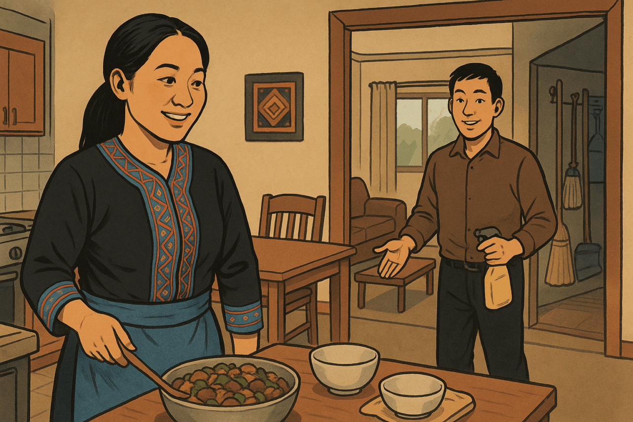 Woman stirring a bowl of food in a kitchen while a man stands nearby holding a spray bottle and gesturing toward her.