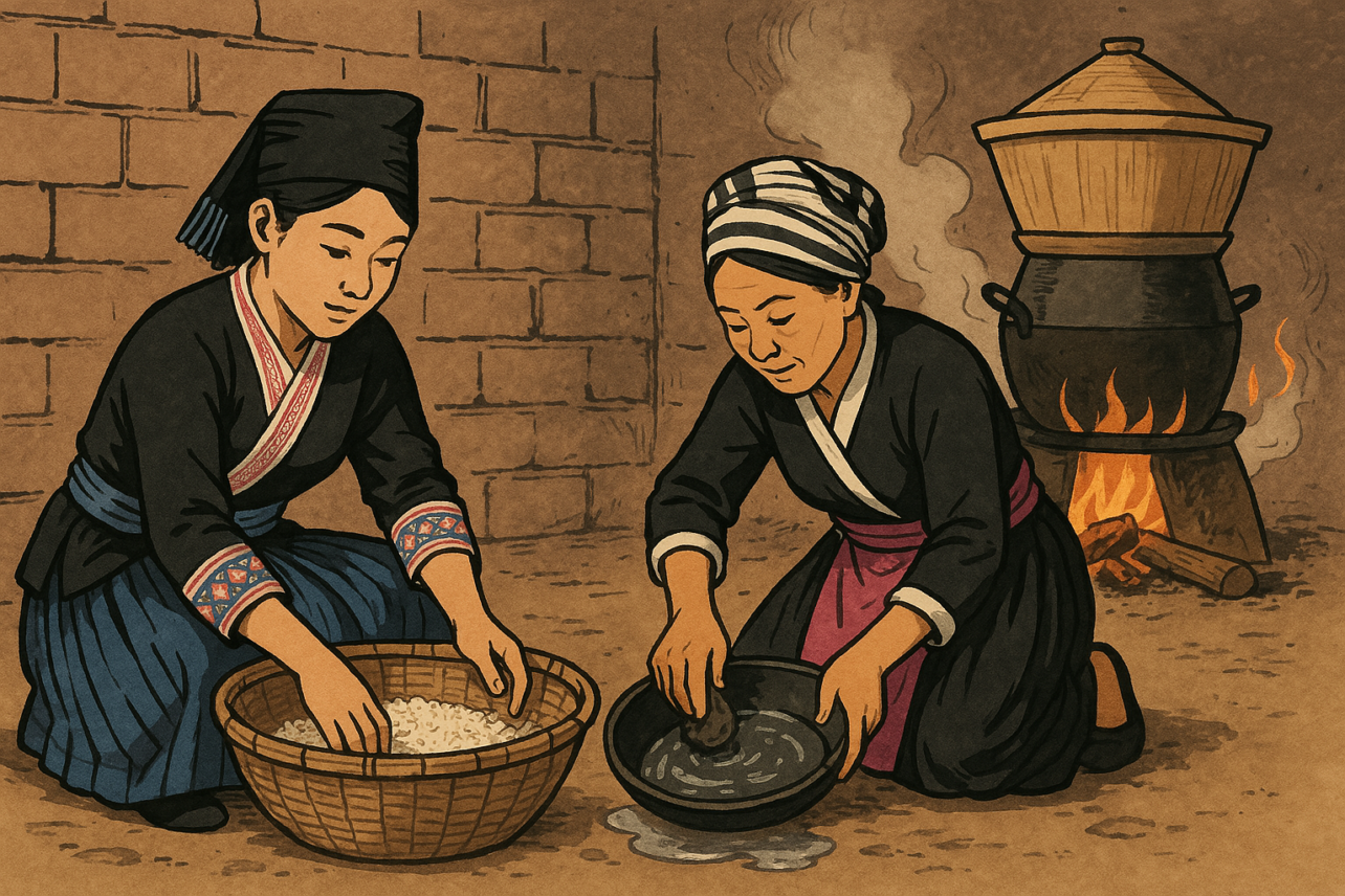 Two women kneel on the floor preparing food in baskets and a shallow bowl beside a wood fire with a steaming pot.